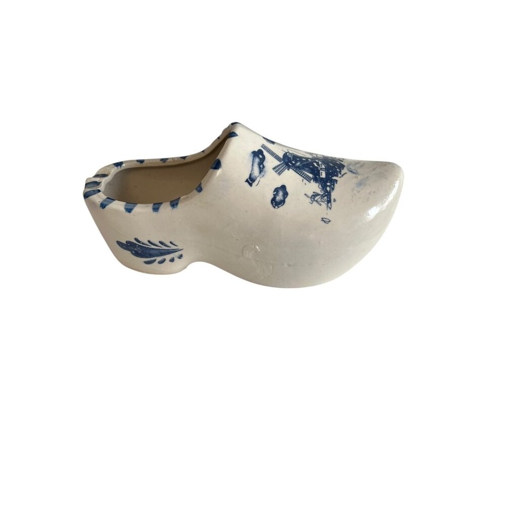 Vintage Delft Blue Wooden Shoe Planter Windmill Holland Ceramic Clog 7”